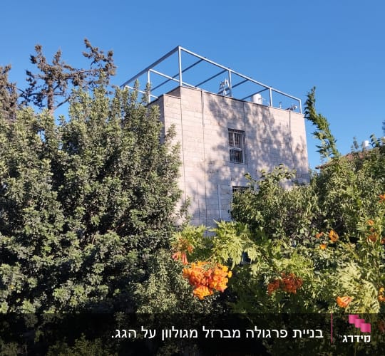 בניין עם שלד מתכת על הגג ועצים מסביב